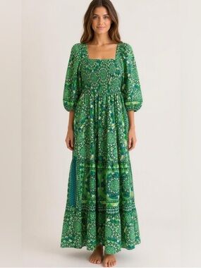 Me 2 Magic Boho Maxi Dress Green Blue  Tiered Smock Bodice 2X